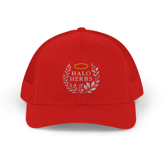 Red Halo Herbs Snapback Trucker Cap, Gift for Herbalists, Casual Outdoor Wear, Festival Accessory, Unique Gardening Hat