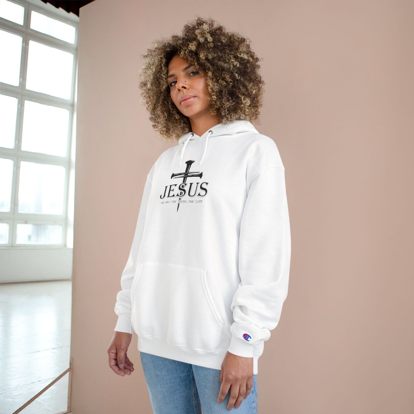 Faith-Inspired Champion Hoodie with Jesus Design