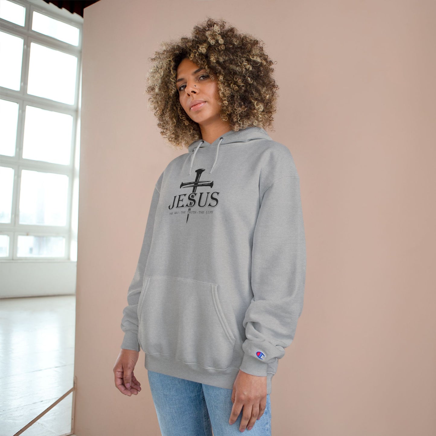 Faith-Inspired Champion Hoodie with Jesus Design